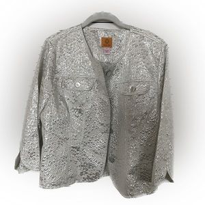 Ruby Rd. women’s festive long sleeve button statement jacket in silver. 14